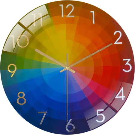 Round Glass Wall Clock, Color Wheel Wall Clock With Neutra Numbers. Unique Colorful Mid Century Modern Silent Analog Clock for The Kitchen, Living Room Or Bedroom. Style 12×12inc