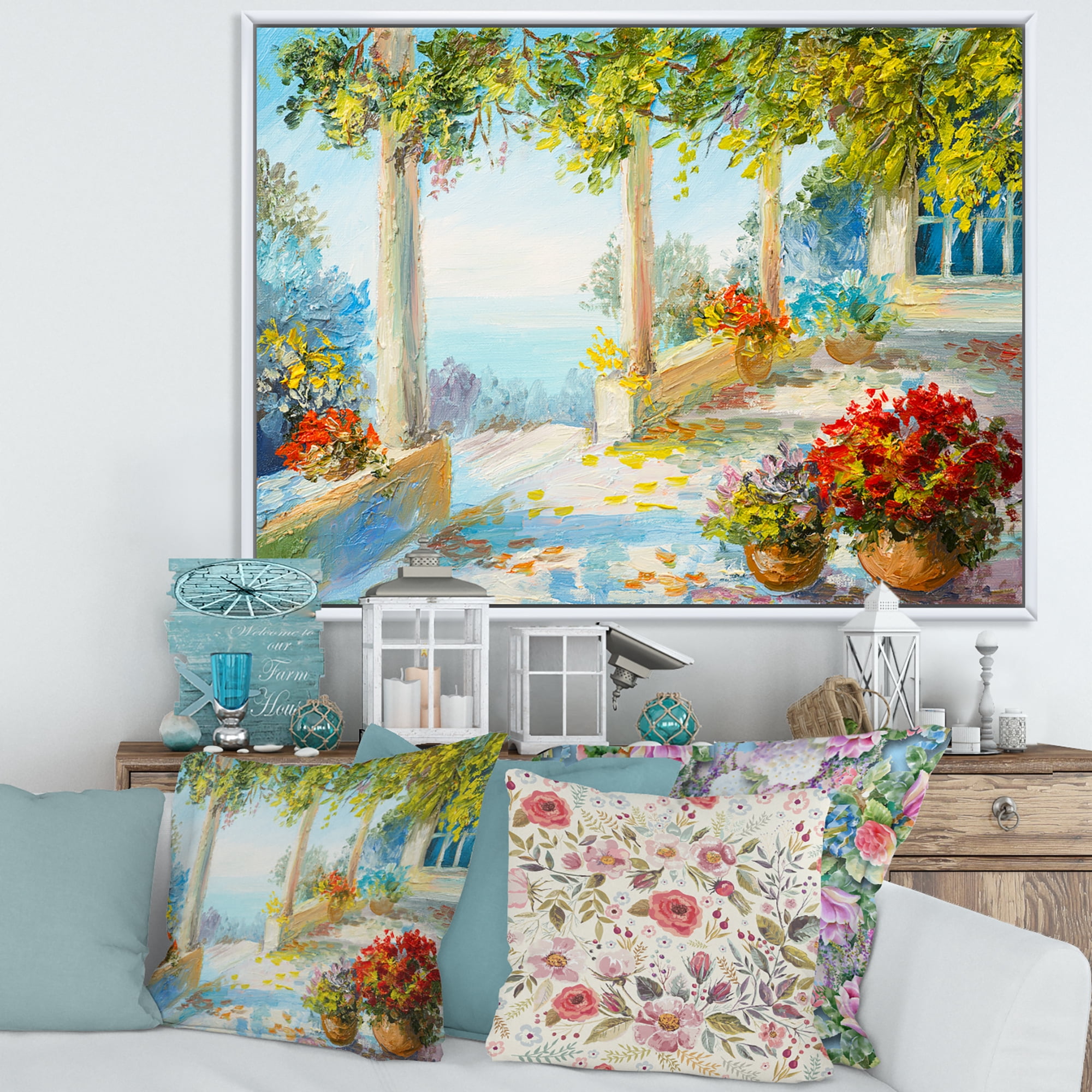 Designart 'Terrace With Red Flowers Near The Sea' Nautical & Coastal Framed Canvas Wall Art Print