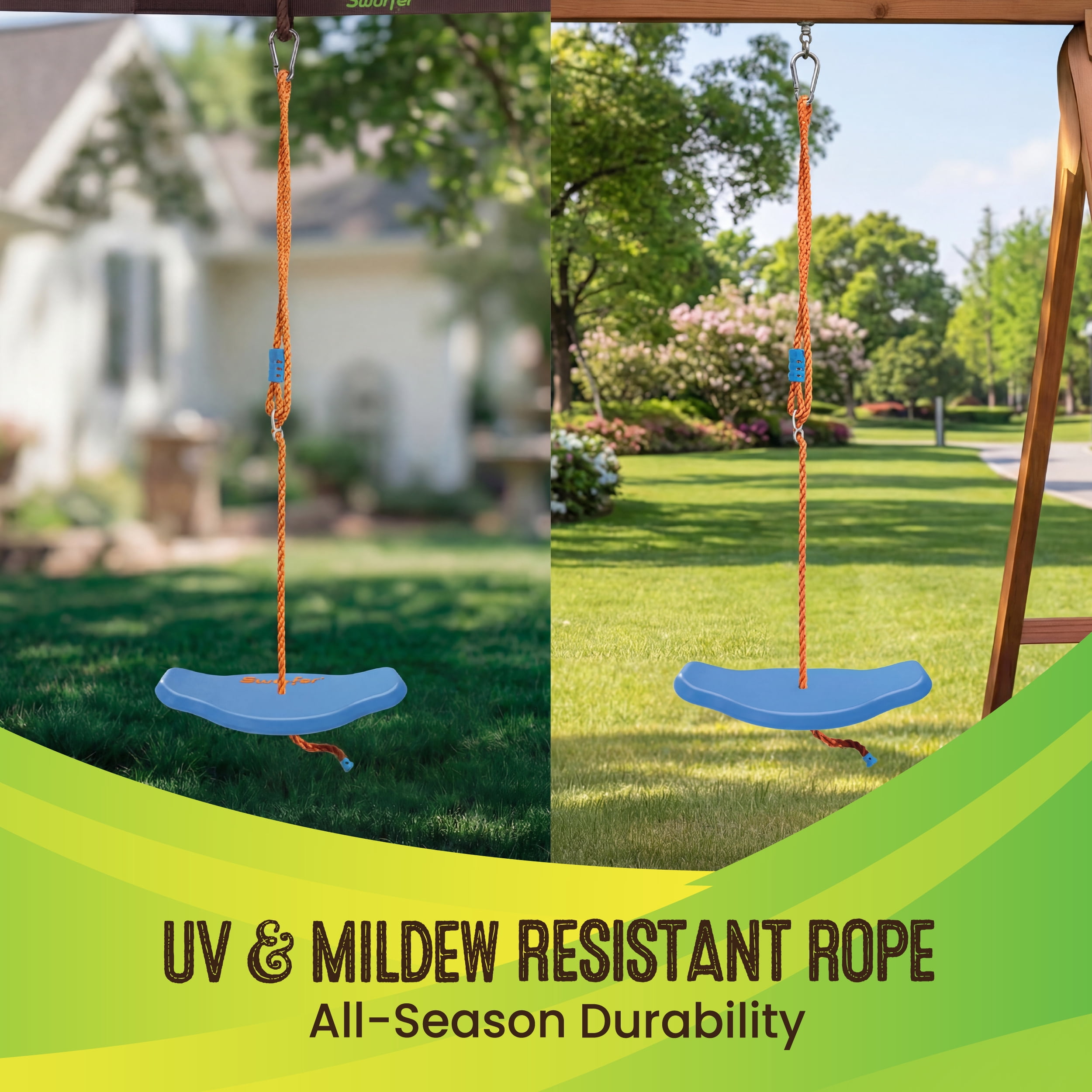 Swurfer Tree Swing Sets for Backyard - Outdoor Swing Seat for Kids, Swingset Outdoor Playset, Easy Installation, Durable, Heavy Duty Braided Rope, Weatherproof, Up to 150 lbs, Ages 4+, Blue/Orange