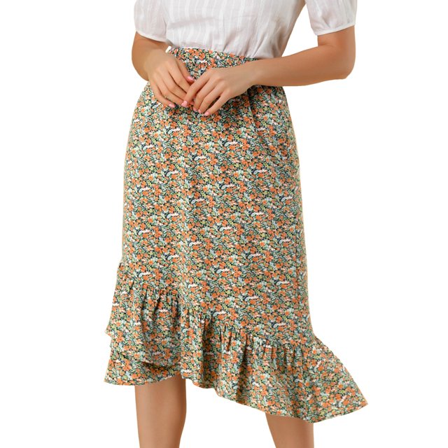 INSPIRE CHIC Falda vintage con volantes en la cintura elástica de oto?o floral para mujer con dobladillo alto y bajo Flor naranja M