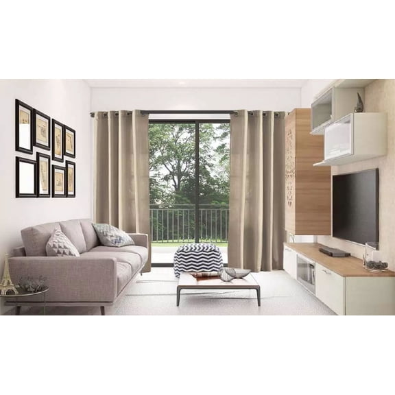 2 PANEL MIRA SOLID TAUPE TAN SEMI SHEER WINDOW FAUX SILK ANTIQUE BRONZE GROMMETS CURTAIN DRAPES 55 WIDE X 108" LENGTH