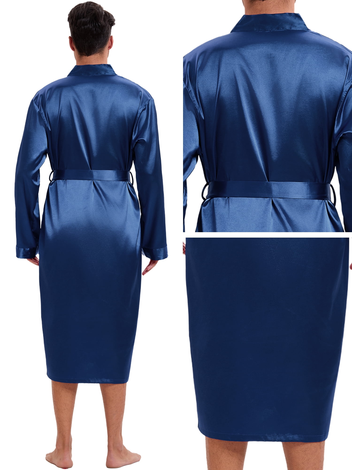 DARING DIVA Men's Long Sleeve Kimono Bathrobe Sleepwear with Shorts Set M Navy Blue
