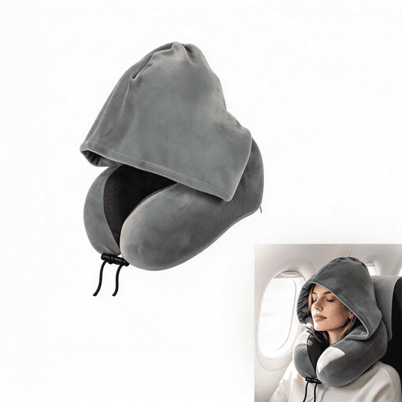 Memory Foam Neck Pillow with Hood, Ergonomic U-Shaped Travel Pillow