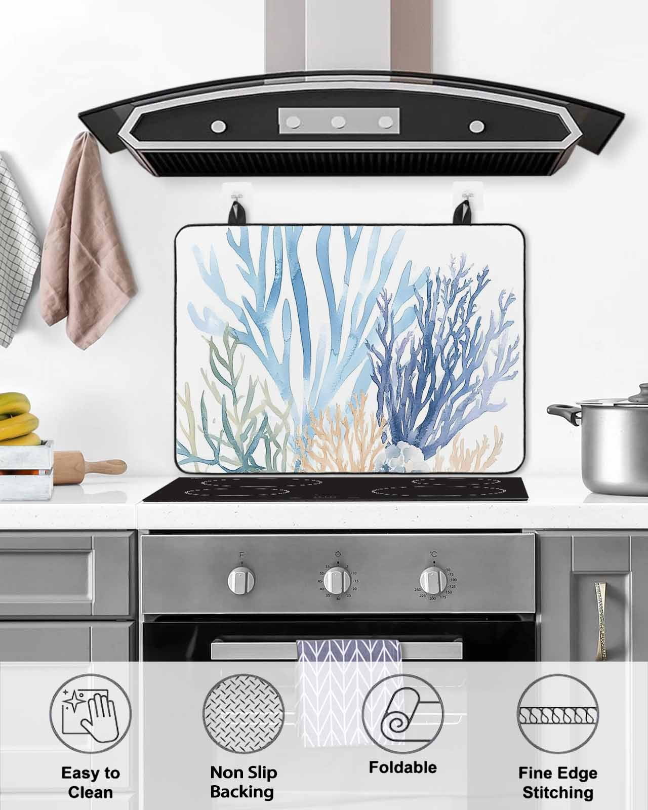 nqOlkjepod Large Induction Cooktop Protector Mat 36"x21", Summer Coral Stove Top Covers for Electric Stove, Vintage Coastal Ocean Blue Green Plant Stove Burner Cover Mats, Glass Top Stove Cover