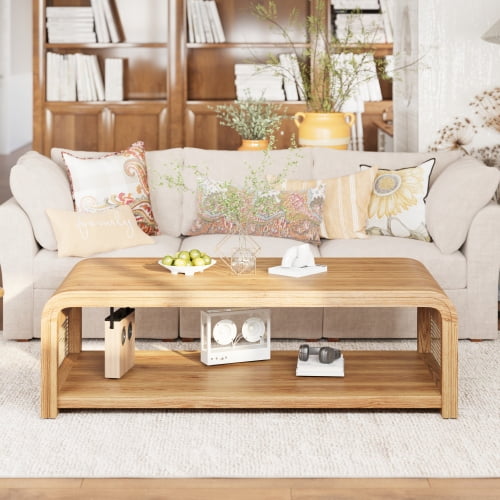 Curved Rectangular Coffee Table with Rattan Sides 2-Tier Storage Wooden Center Table Boho Farmhouse Low Tea Table for Living Room and Apartment