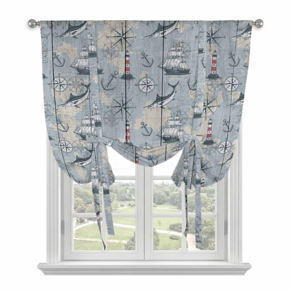Blue Seaports Balloon Curtains for Windows, Bedroom Curtains 54 Inch Length, Vintage Ocean Anchor Shark Farmhouse Wood Tie Up Curtains Panels Thermal Insulated Bathroom Curtains Window 42"x54"