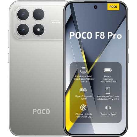 XIAOMI Poco F8 PRO 5G Ai (Compatible with Tmobile Mint Tello & Global) (256GB + 12GB) Ai 2K 6.59" Bose Sound 50MP Gamers Phone NFC Dual sim Unlocked Model 2510DPC44G Liberado (Titanium Silver)