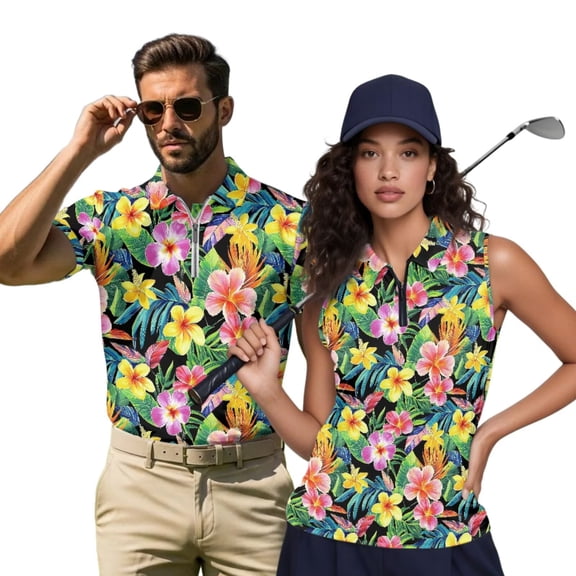 HUIACONG Floral Matching Golf Shirts for Couples Mens Short Sleeve Golf Shirt Sleeveless Collared Tops for Women 1/4 Zip Athletic Tops Quick Dry Comfort Exercise Clothes Man XL