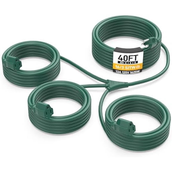 40FT Outdoor Green Extension Cord with Multiple Outlets, Evenly Spaced 3 Outlets, Light Duty 16/3 SJTW Cable with Grounded Plugs, 13AMP 1625W 125V 16AWG, ETL Listed$$Tools & Hardware Other