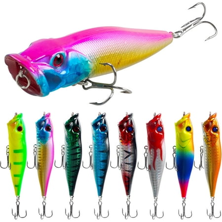 Topwater Popper Fishing Lures Kit 8pcs Saltwater Popper Lures Hard Baits Topwater Bass Fishing Lures Floating Lures Pencil Popper Swimbaits for Bass Trout Walleye Freshwater Saltwater