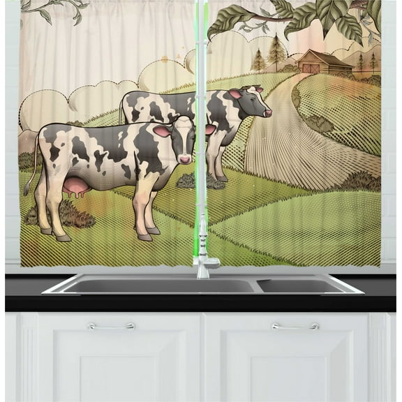 Ambesonne Farm Animal Kitchen Curtains, Dairy Cows Countryside, 55"x39", Multicolor
