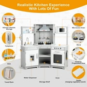 JOYLDIAS Kids Play Kitchen Corner Wooden Pretend Toddler Toys Playset Gift with Realistic Lights & Sounds, Microwave Oven, Water Dispenser, Phone, Sink, Cooking Accessories(Gray)