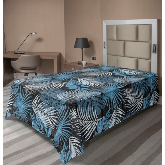Ambesonne Leaf Print Flat Bedding Sheet Soft Top Sheet, Abstract Tropical Grunge, Twin, Dark Grey and Sky Blue