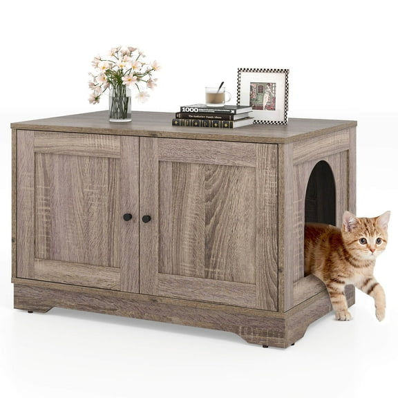Costway Meuble d'Enceinte pour Litière de Chat avec Doubles Portes, Séparateur, Entrée Latérale pour Chats, Gris