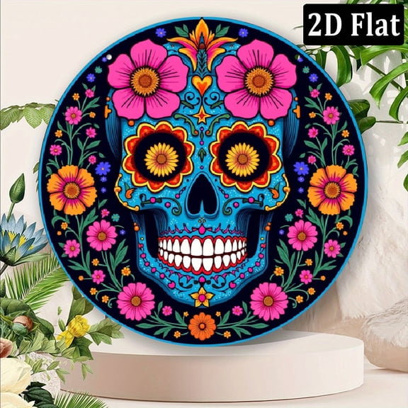 Day of the Dead Sugar Skull Metal Wall Art - Vibrant Round Printed Iron Sign with Intricate Floral Patterns, Retro Home Decor for Indoor Outdoor Spaces, Perfect for Christmas, 8*8in