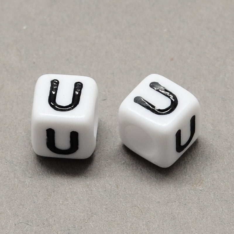 500gs Large Hole Acrylic Letter European Beads Horizontal Hole White & Black Cube with Letter.U 7~8x7~8x7~8mm Hole: 4mm about 1144pcs/500g DIY