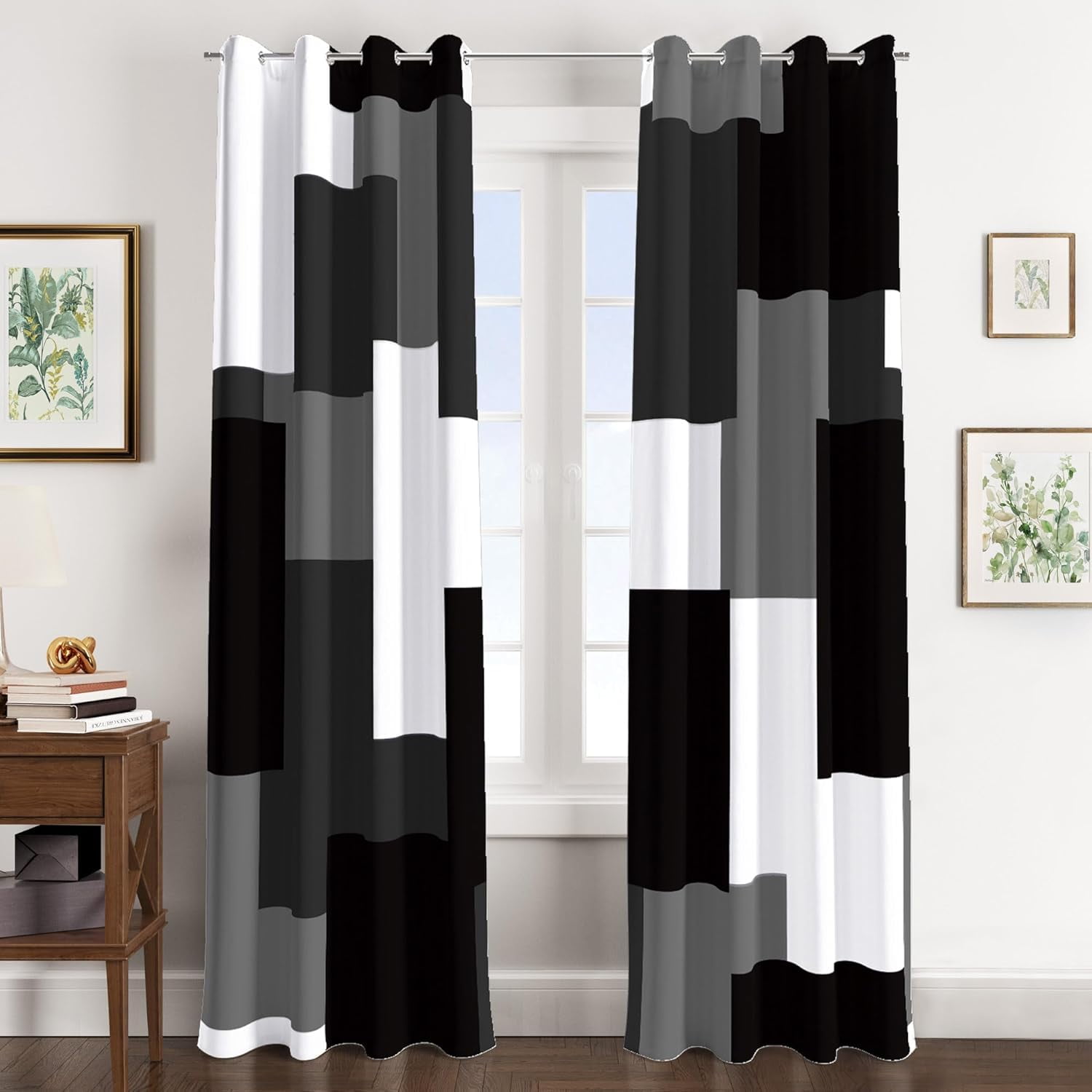 Tyrot 2 Panels Black Grey 100% Blackout Curtains for Bedroom White Gray Modern Abstract Geometric Curtains, 52" x 84"