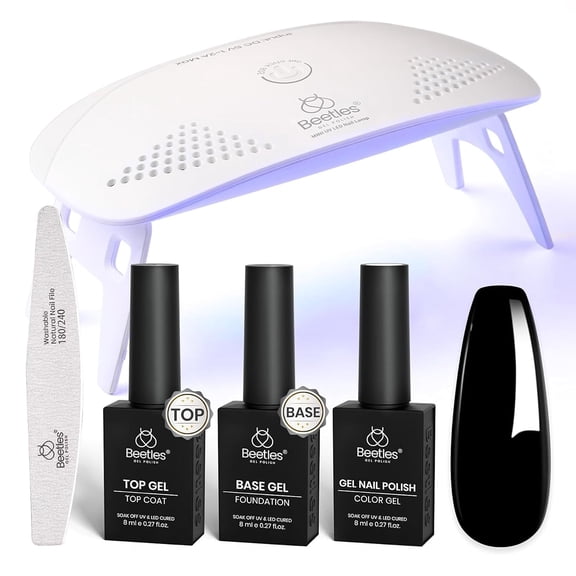 Beetles Black Gel Nail Polish Kit with U V Light, 5 Pcs Gel Polish Kit | Base & Top Coat and Nail File for Beginners Soak Off Black DIY Art Set Manicure Gifts for Women