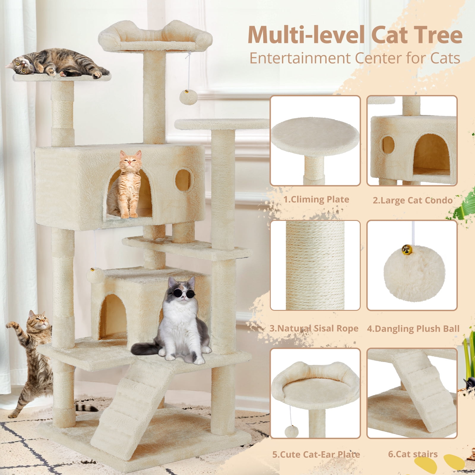 Cat Tree, 54-Inch Cat Tower with Sisal Scratching Post, Multi-Level Plush Cat Tree with Climbing Ladder, Beige