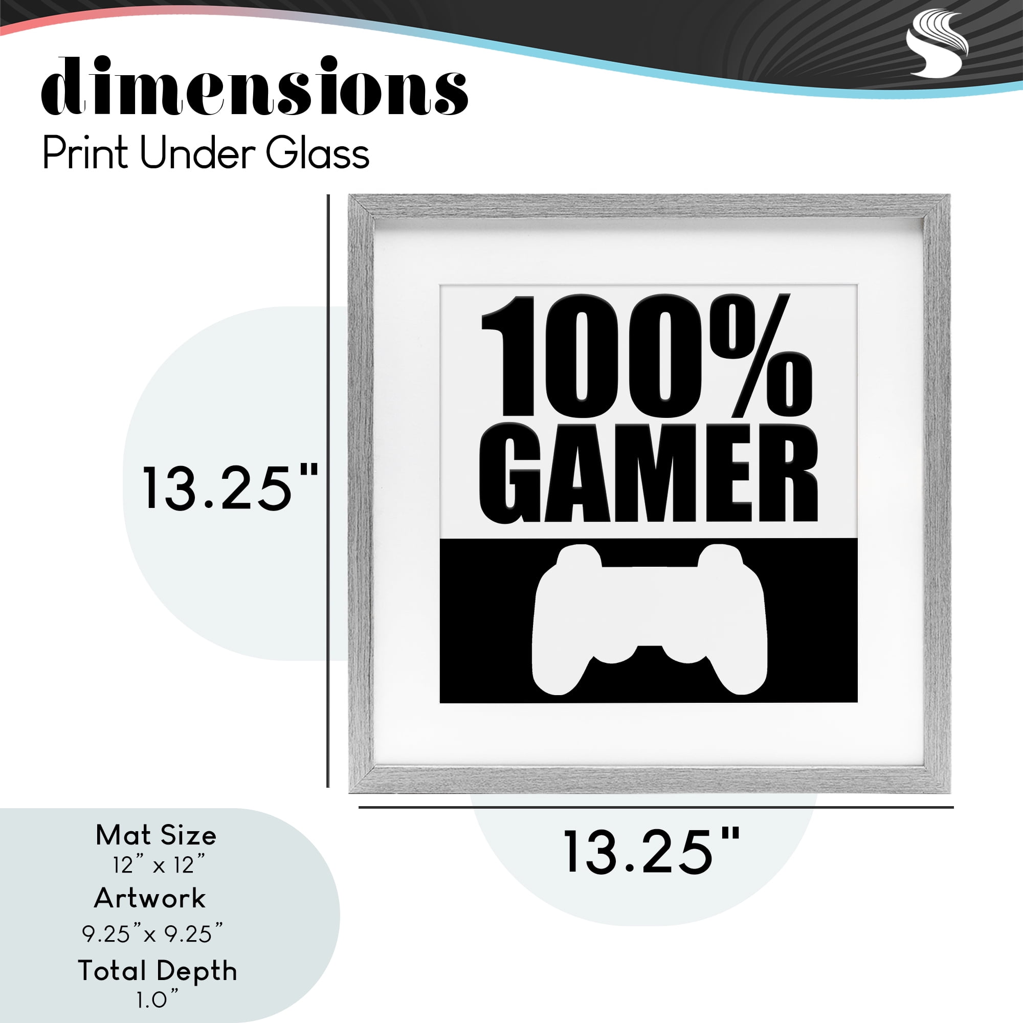 100% Gamer Black & White Gray Framed Print Under Glass, design by Kim Allen
