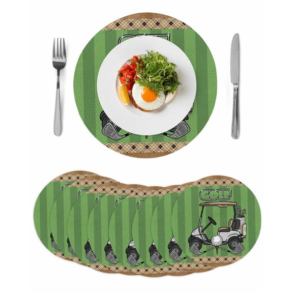 Golf Balls Round 13 Inch Placemats Set of 8, Green Sports Art Truck Brown Lattice HeatResistant Non Slip Place Mats for Dining Table, Wipeable Braided Kitchen Table Mats for Housewarming