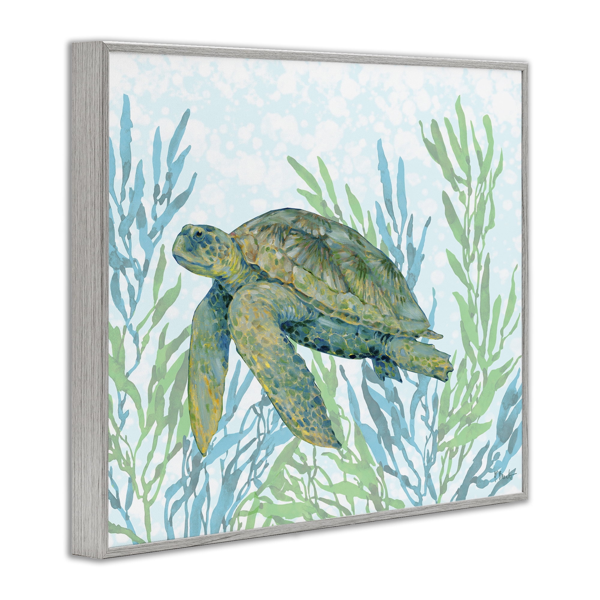 Stupell Industries Tasman Turtle in Seagrass Gray Framed Giclee Art, design by Paul Brent