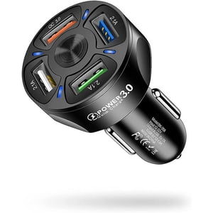 Adaptateur de chargeur de voiture, 4 Ports USB Chargeur de voiture rapide QC3.0, Chargeur téléphonique de voiture rapides avec LED Affichage de la lumière, compatible avec iPhone 12 Pro Max/11 Pro/XS/X_Parfait Gift