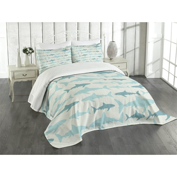 Ambesonne Ocean Quilted Bedspread Set 3 Pcs, Swimming Sharks in Sea, Queen Size, Turquoise Beige Teal