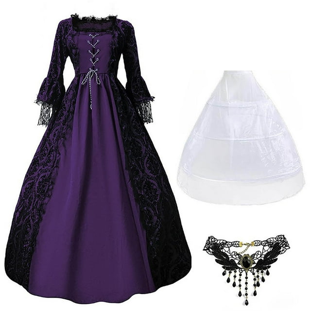 Tqyyweavej Robes Gothiques pour Femmes Vintage Élégante Renaissance Médiévale Robe à Manches Longues Robe de Mariage Victorienne Robes de Bal de Soirée Costume d'Halloween avec Jupe et Collier