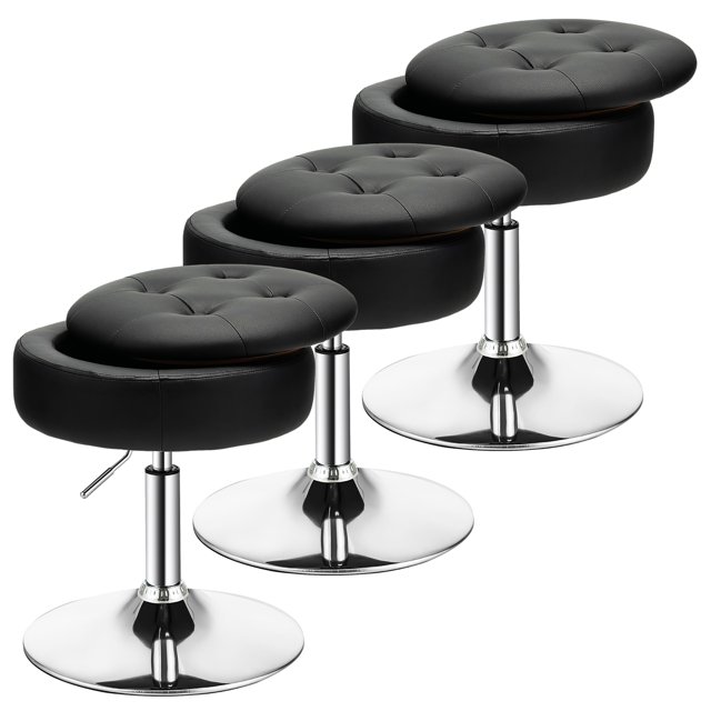 Costway Ensemble de 3 Tabourets de Coiffeuse Réglables Pivotants à 360° avec Rangement Chaise de Maquillage avec Plateau Noir