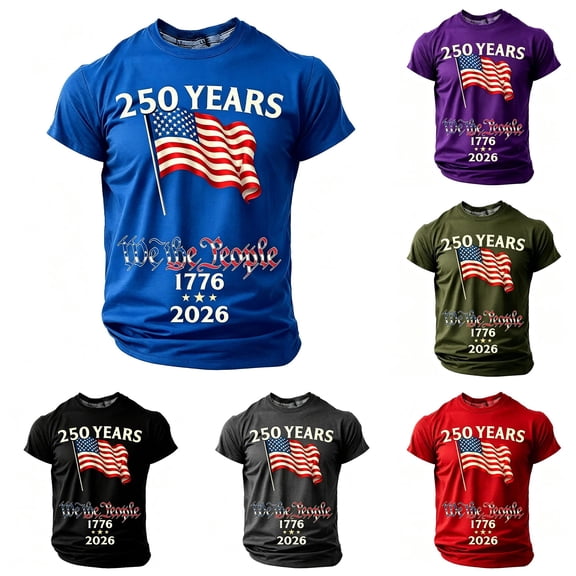 LIIPEE Boys Kids Crew Neck Short Sleeve TShirt With 250 Years We The People American Flag 1776-2026 Vintage Letter Print For Fourth Of July Daily Wear Blue 6-7 Years