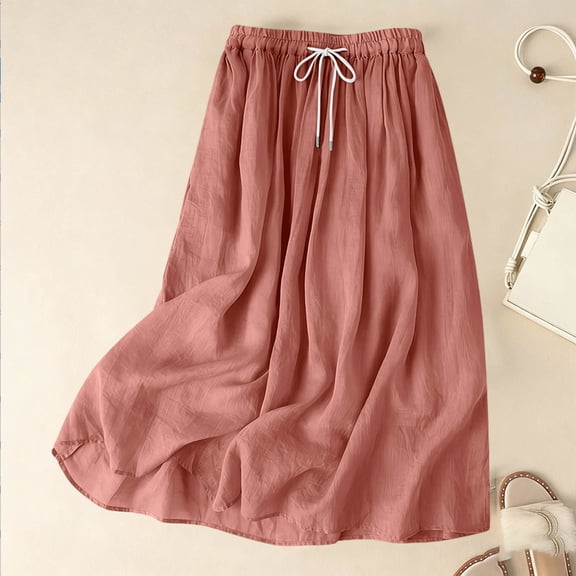 Formal Skirts for Women Flowy Drawstring Elastic Waist A Line Skirt Lightweight Linen Blend Maxi Skirt Pink S