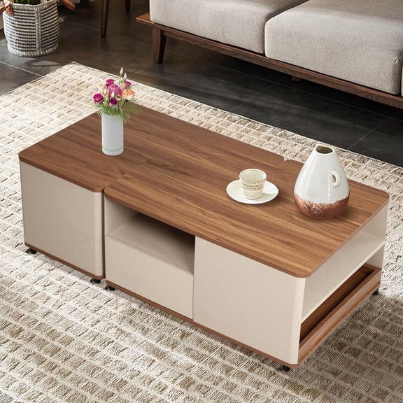 Farmhouse Coffee Table, Adjustable Shape with 8 Wheels & 2 Drawers, Brown Wood Storage Table for Living Room