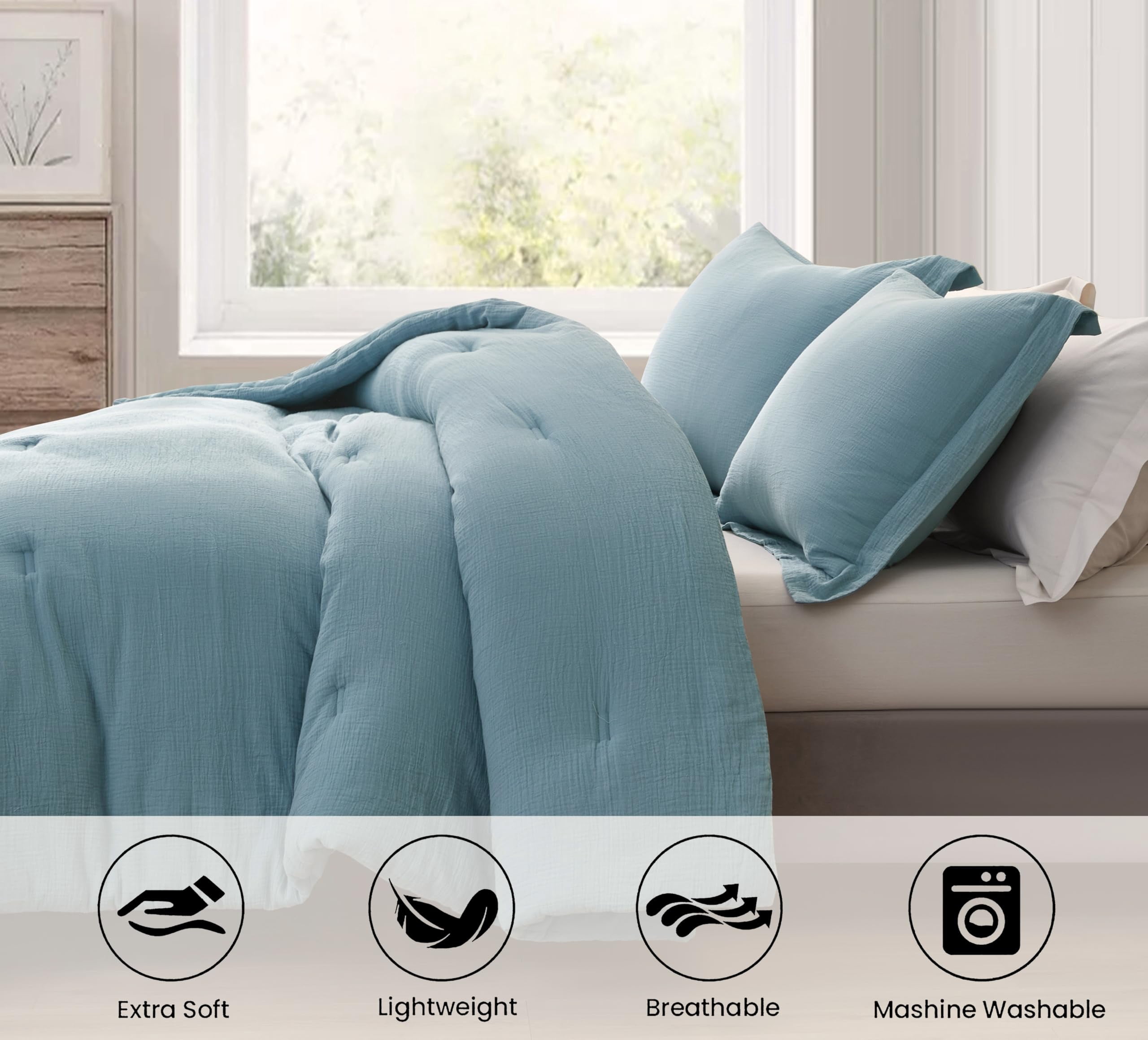 Chezmoi Collection Breeze 3-Piece 100% Cotton Muslin King Comforter Set, Lake Blue Soft Washed Cotton Gauze Comforter, Lightweight Breathable Bedding for All Season
