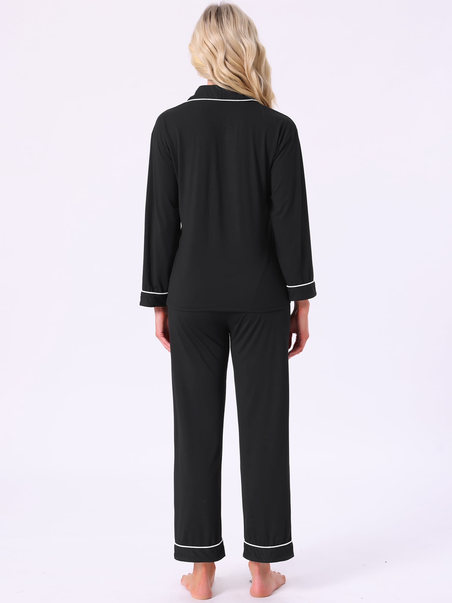 DARING DIVA Women's Cotton Button Down Long Sleeve Shirt and Pants Pajama Sets L Black