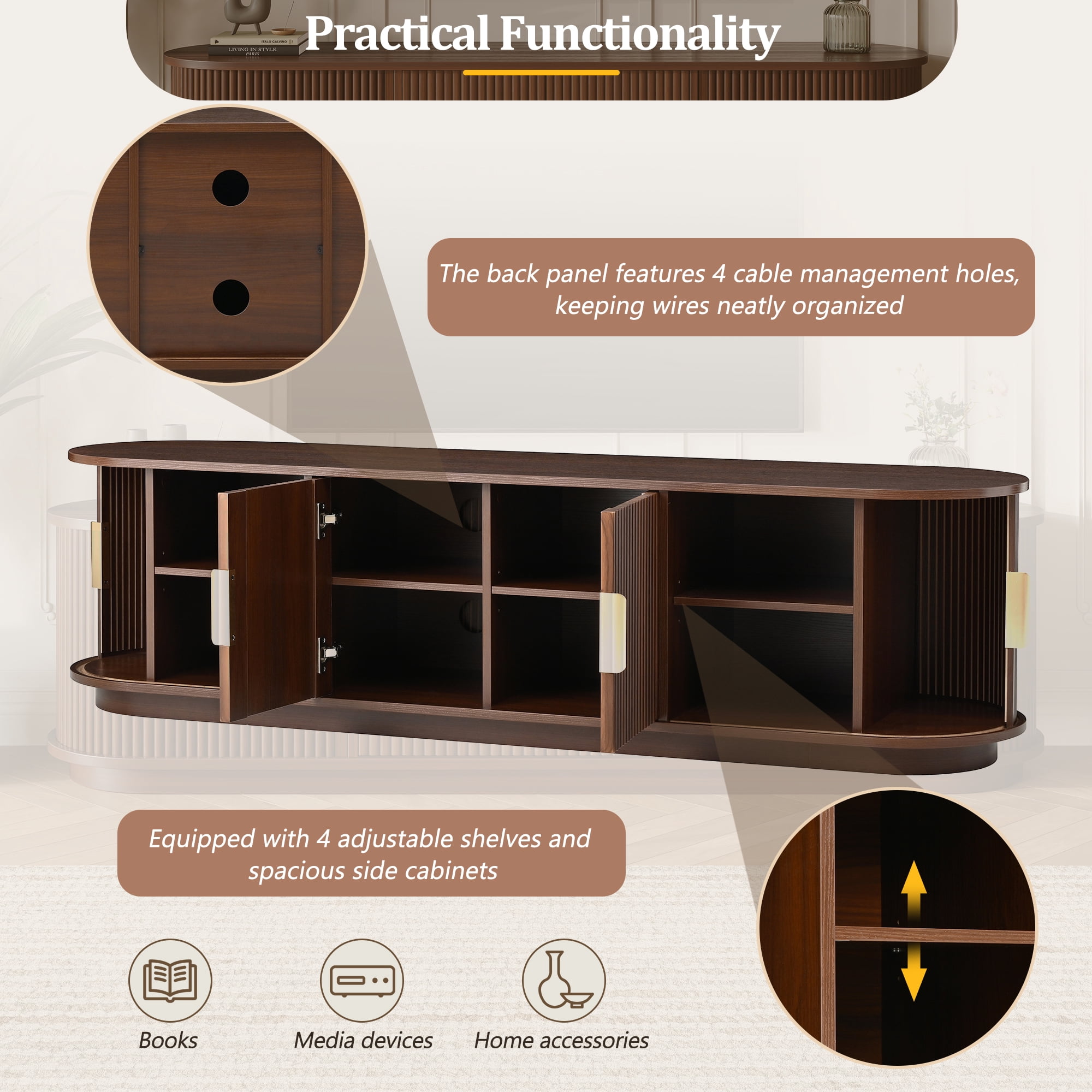 Euroco Farmhouse Wooden TV Stand with Sliding Tambour Door for TVs up to 75", Fluted Media Console with Adjustable Storage, Golden Handle TV Cabinet with Cable holes for Living Room