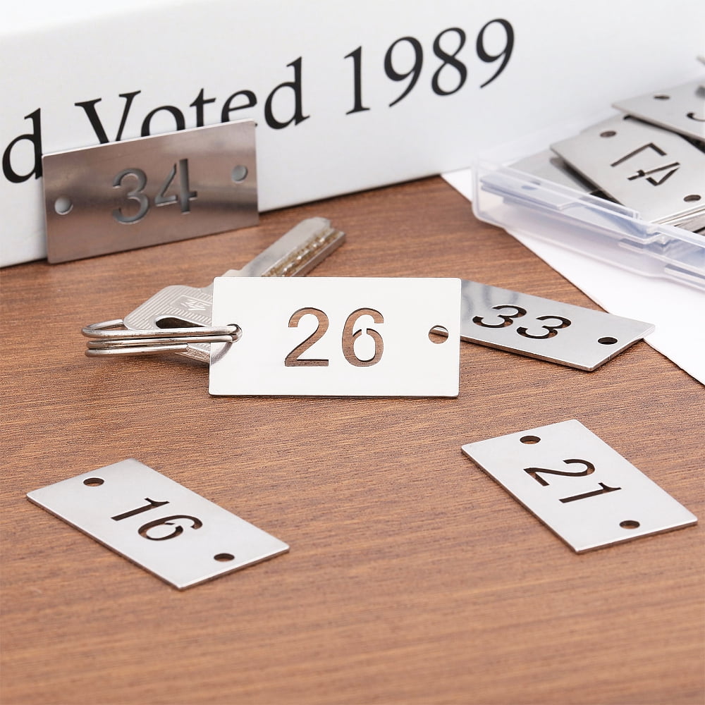 50Pcs Metal Numbered Tags 1-50 Stainless Steel Key Tags Rectangle Hollow Numbered Tags with Two Holes for Classify and Identify Items 1.57×0.78inch
