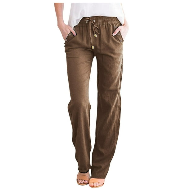 WILLBEST Pantalones Casuales para Mujer, Cintura Alta, Pierna Ancha, Color Liso, Cómodos, con Cordón Elástico, Pantalones Largos de Pierna Recta con Bolsillos Extra Grande