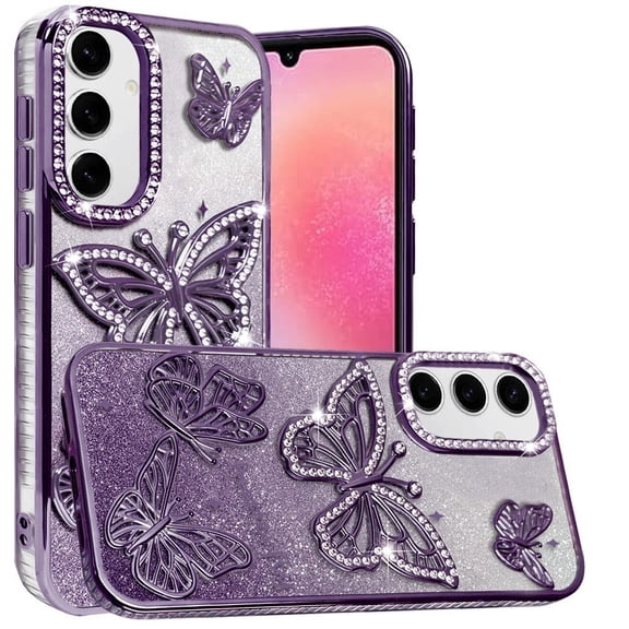 For Samsung Galaxy A16 Luxury Butterfly Sparkle Glitter Diamond Crystal Rhinestone Shimmer Bling Plating Thick TPU Hard PC Cover, XPM Phone Case [Purple]