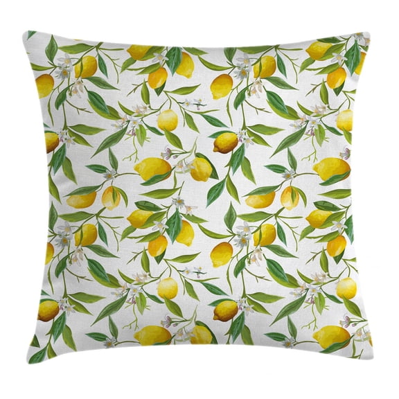 Nature Throw Pillow Cushion Cover, Flowering Lemon Woody Plant Romance Habitat Citrus Fresh Background, Decorative Square Accent Pillow Case, 16 X 16 Inches, Fern Green Yellow White, by Ambesonne