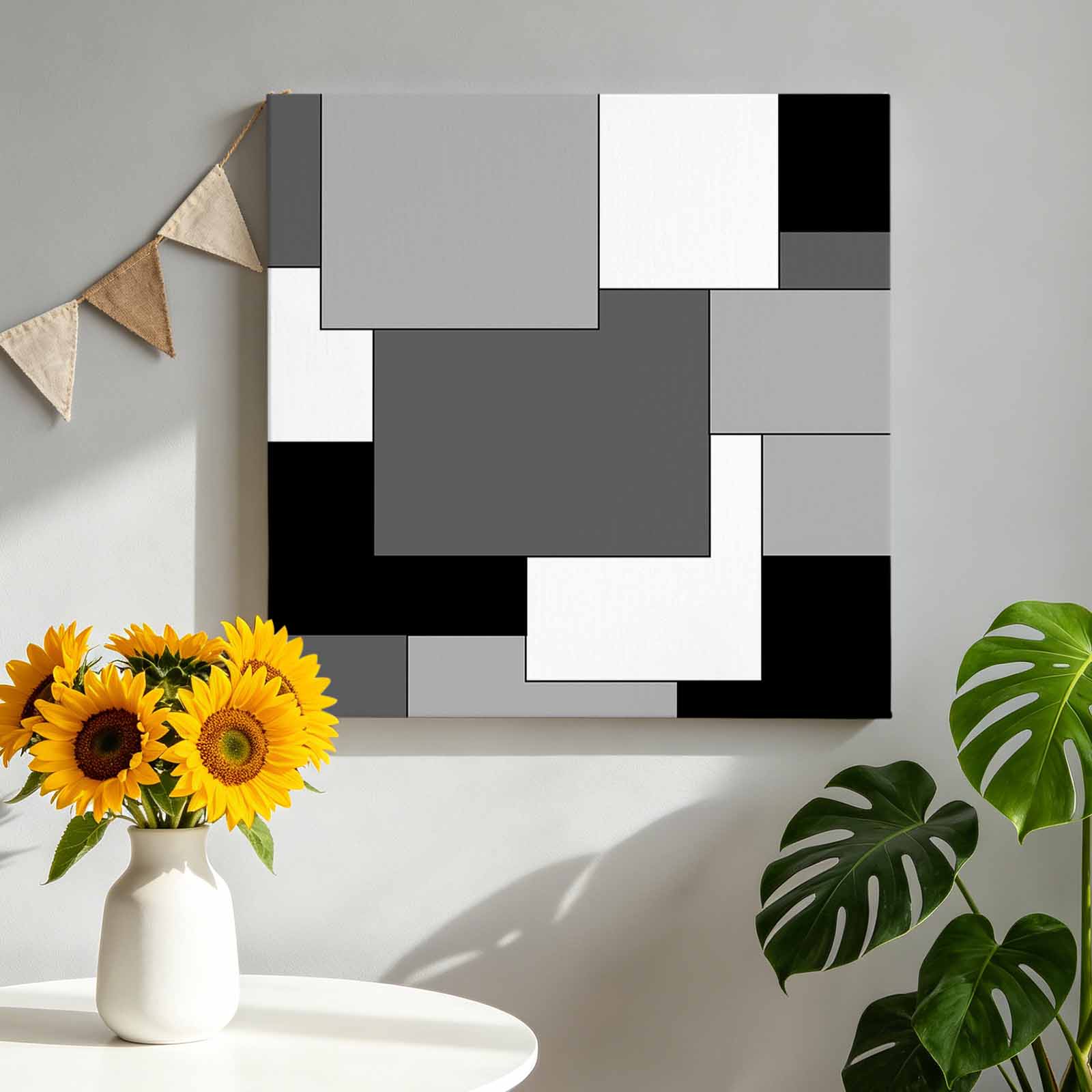 Abstract Art Canvas Wall Art Framed Wall Decor for Living Room Bedroom Bathroom, White Black Gray Splice Canvas Pictures Ready to Hang Decor, 8"x8"