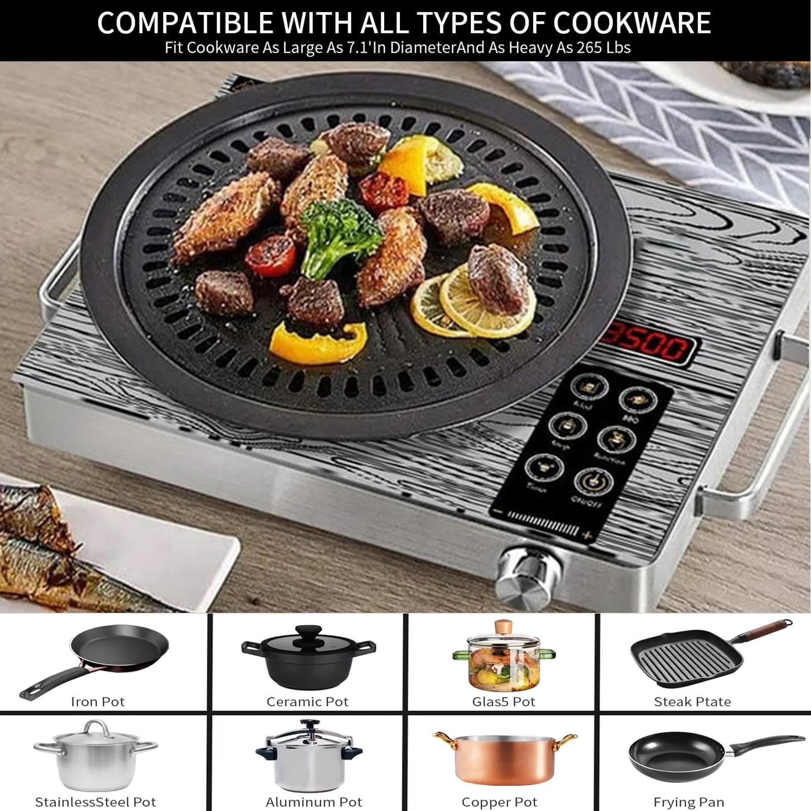 3500W Portable Infrared Cooktop, Single Burner Electric Stove, Ceramic Glass Electric Hot Plate with Adjustable Heating Power, 3 Hours Timer