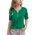 thumbnail image 1 of Yufatyle Girls T-Shirts Button Down Tunic Tops Short Sleeve Solid Blouse Henley V Neck Summer Tees, 1 of 6