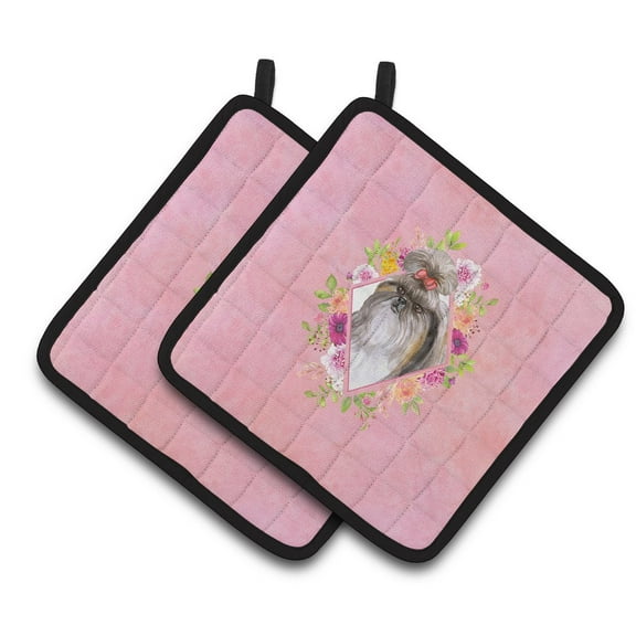 Shih Tzu Pink Flowers Pair of Pot Holders