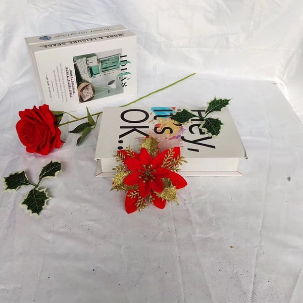Colgante de árbol de Navidad artificial de una sola capa de oro rosa y flores de Navidad, guirnalda de flores decorativas, accesorios para regalo navideño