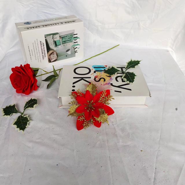 Colgante de árbol de Navidad artificial de una sola capa de oro rosa y flores de Navidad, guirnalda de flores decorativas, accesorios para regalo navideño