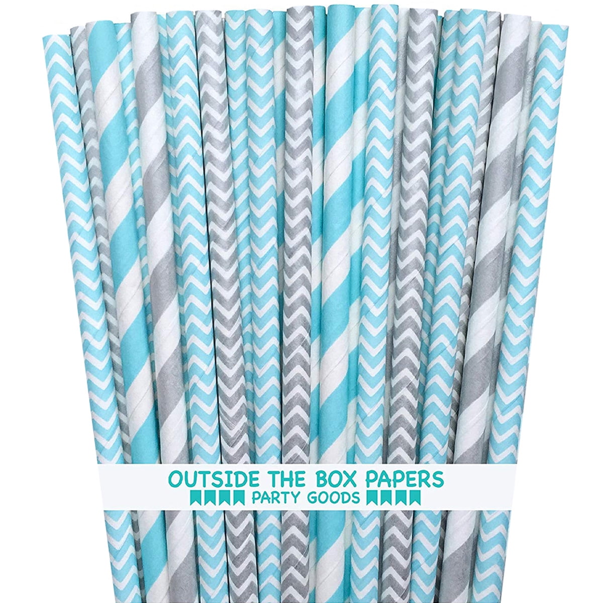 100 Light Blue Silver Paper Straws Stripe and Chevron