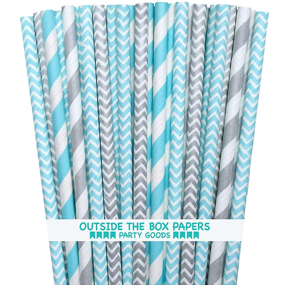 100 Light Blue Silver Paper Straws Stripe and Chevron