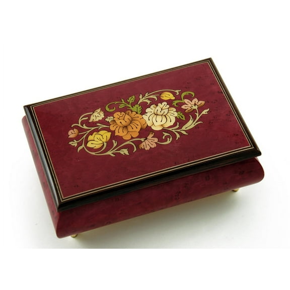 Remarkable 30 Note Red Wine Floral Theme Wood Inlay Musical Jewelry Box - Greensleeves