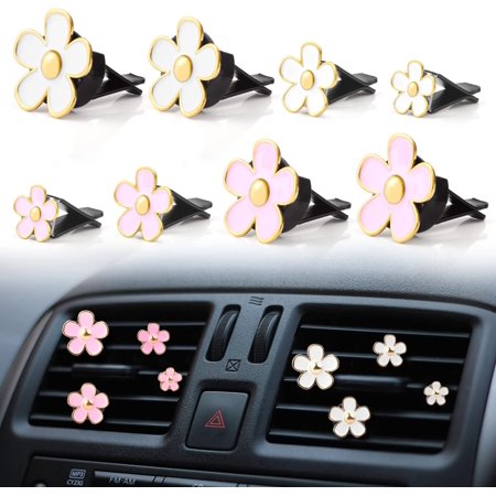8 Pcs Daisy Flower Air Vent Clip Car Air Freshener Clip Air Conditioning Outlet Clips with Fragrance Cotton Pads for Car Air Vent Interior Decoration Accessories - White&Pink